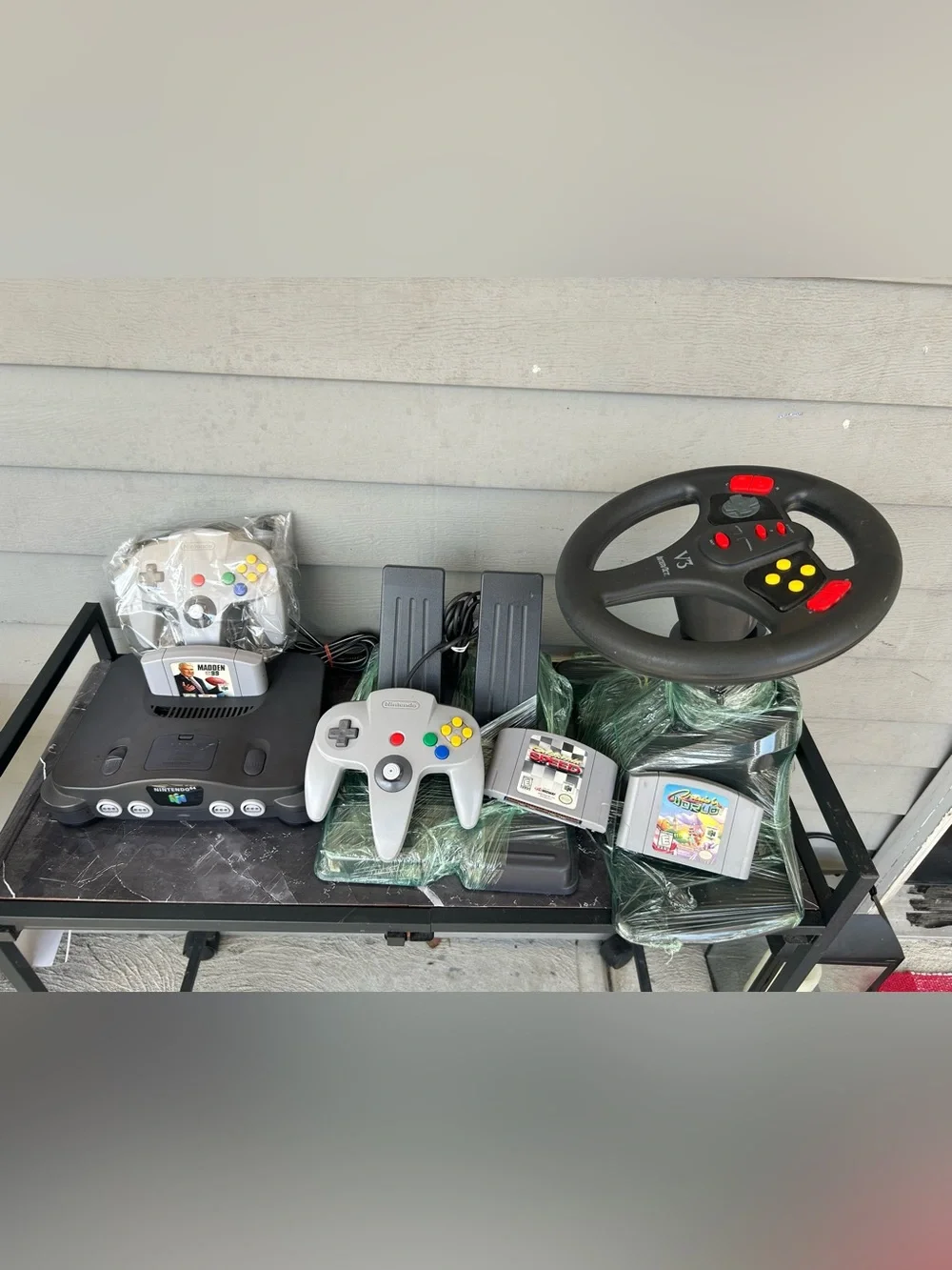 Nintendo N64 Console Bundle with Gray Controllers and Black Racing Wheel